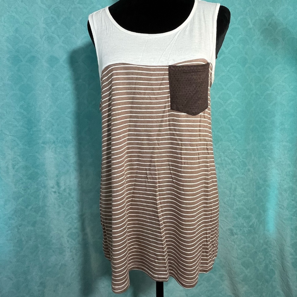 HIP Brown Cream Striped Tunic Top Flowy Sleeveless Colorblock Pocket Large